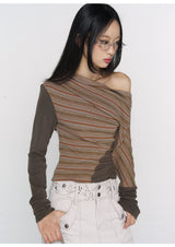 CONFUN Asymmetrical off-the-shoulder, laid-back and slimming base layer, striped knitted patchwork top