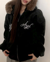 Lahin Printed Oversized Faux Fur Hood Zip-Up