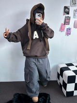フリース🔥ハットプリンティングレタリングタトゥーパッチビッグフーディー 💙🩶🤎3COLOR