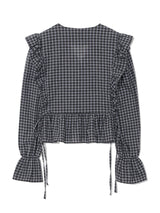 BUTTON CHECK FRILL BLOUSE(CHARCOAL)