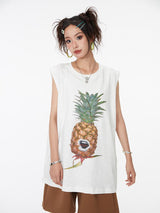 Fruit print casual loose round neck sleeveless vest.
