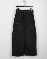 Wooden cargo front-slit washed denim long skirt