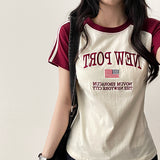 Raffin embroidered 2本ラインカラーラグラン半袖Tシャツ