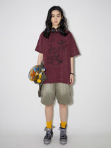 ダークワインレッドドラムキットウォッシュ加工ヴィンテージ半袖Tシャツ
