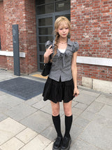 Ession Ribbon Puff V-Neck Check Shirt
