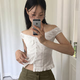 Liman lace button off-shoulder sleeveless blouse