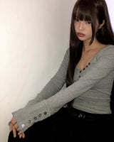 Tsuke Ribbed Button V-Neck Slim-Fit Long Sleeve Tee