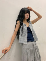 Baso Check Frill Seersucker Boat-Neck Blouse