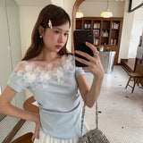 Asymmetrical Lace Trim Off-Shoulder Tee