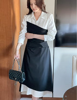 Sene color matching shirring drape shirt long one piece