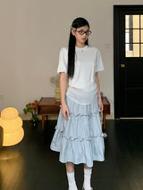 Lace shirring round loose fit short sleeve tee
