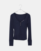 Tsuke Ribbed Button V-Neck Slim-Fit Long Sleeve Tee