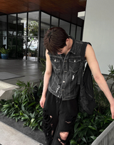 Black Wash Distressed Denim Vest