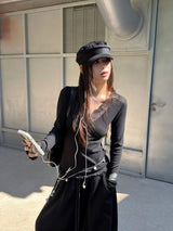 wool base lace V-neck long-sleeved t-shirt
