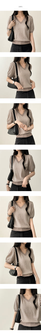 Lean-Linen カラーストライプダンガラ半袖ニット [Round Neck & V-Neck]