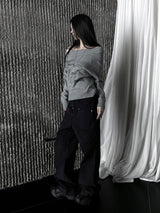 gray lettering off-shoulder knit