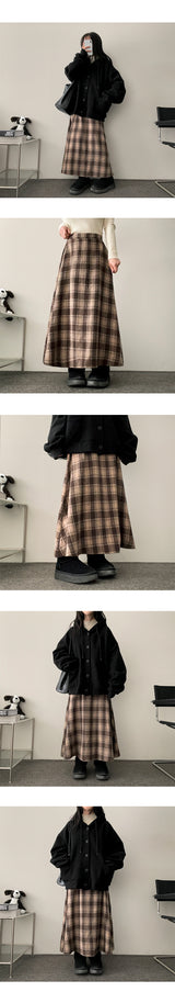 Vient Checkered Flare Banded Waist Long Skirt