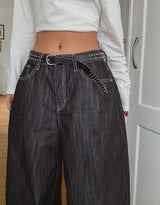 Heart pink stitch indigo denim pants