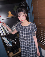 (2color) Double Button Check Flare Blouse