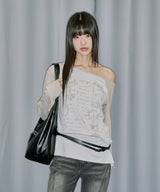 Cross Ornament Off Shoulder Raglan Long Sleeve - GRAY BEIGE