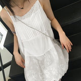 Airu pintuck punching lace layered string tank top mini dress