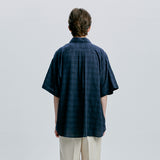 [bandana necklace set] washed check linen 2 pocket half shirt navy
