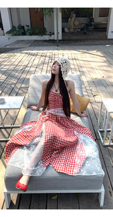 Red cherry checkered lace sleeveless long dress