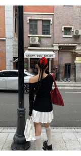 Black Unbalanced Long-Sleeved Knitwear Frill Dress