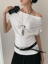 Design Open Shoulder Slim スパンデックス半袖Tシャツ