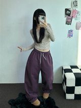 フリース/ストリング❤ベーシックルーズワイドロングパンツ 💜💙💚🤍4カラー