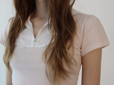 レースジップカラー半袖パフTシャツ(pink)