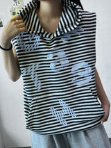 Swan Stripe Letter Patch Hooded Sleeveless Top 3color