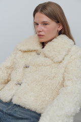 HOOK CLOSING UNBALANCE COLLAR FUR SHORT JACKET - IVORY