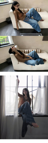 Pocket Embroidery Straight Long Denim Pants