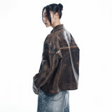 Washed Line Leather Jacket - BROWN