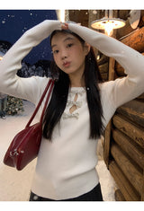 silver bow open ribbed long-sleeved knitwear