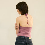 Beads Pigment Halter Neck Sleeveless Purple