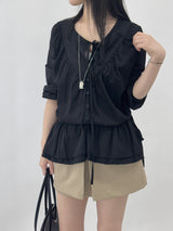 Ceruni Strap Shirred Frill Button Long Sleeve Blouse