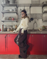Point lettering brushed wide pants