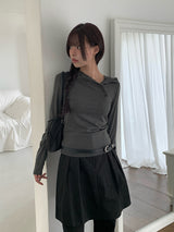 リズムダイアゴナルアンバランスボタンフード長袖Tシャツ