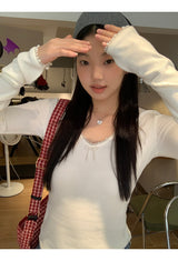 Pearl Bow V-neck V-neck V-neck Long Sleeve T-shirt