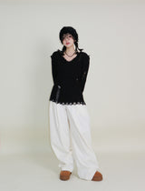 ラバーVネックダメージカットポイント長袖ニット (wool material)