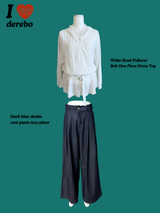 White Hood Pullover Belt One-Piece Dress Top