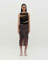 Sheer Shirring Slit Skirt _ BROWN