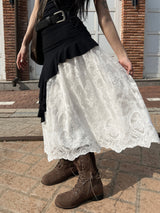  Cloud Mist Flower Lace Maxi Long Skirt (Ivory)
