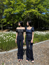 Selvedge denim spandex high waist bootcut pants (Denim)
