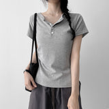 Slim Fit 🤍 Henry Neck Waist Pintuck Slit Spandex Short-Sleeved T-Shirt (4 colors)