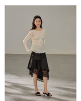 Asymmetric Lace Mix Silk Midi Skirt