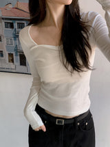 Raymi Heart Neck Shirring Slim Rib T-Shirt (4color)