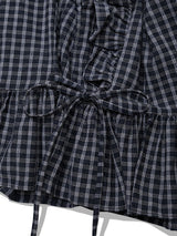 BUTTON CHECK FRILL BLOUSE(BLUE)